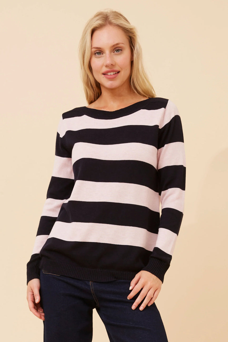 Stripe Knit Pullover in Navy / Pink