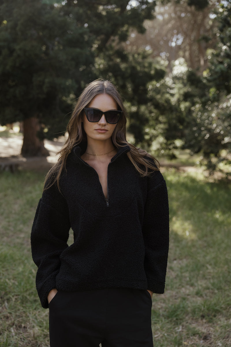 Half Zip Borg Pullover in Black