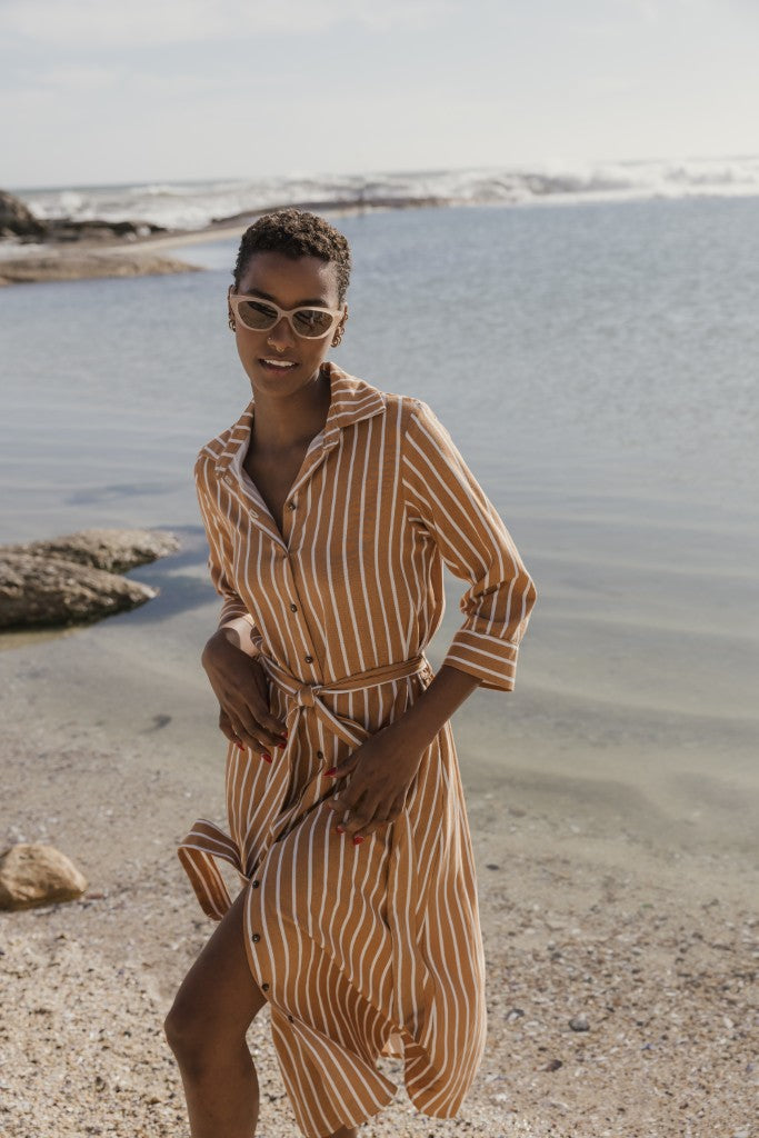Long Shirt Dress in Spiced Stripe Linen