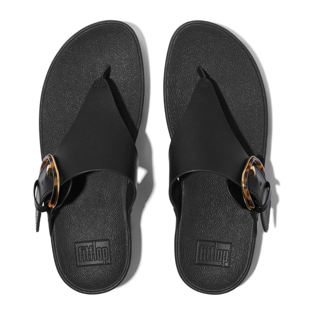 Lulu Resin-Buckle Leather Toe-Post Sandals in Black