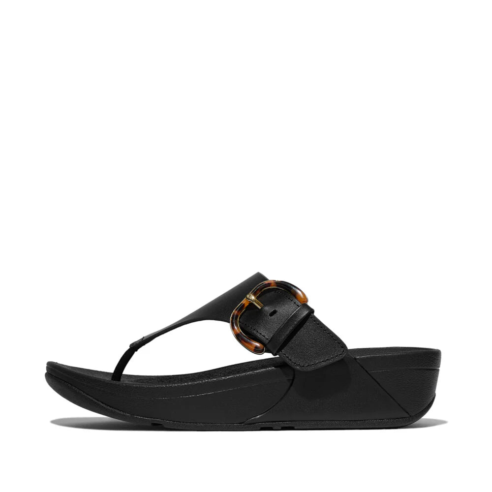 Lulu Resin-Buckle Leather Toe-Post Sandals in Black