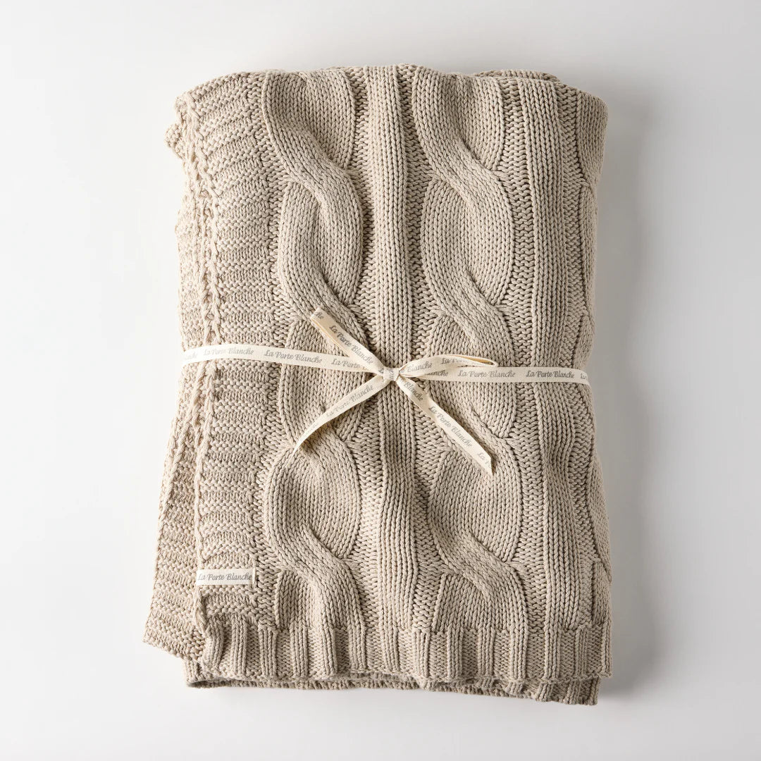 Cable Knit Cotton Throw in Pale Whisper