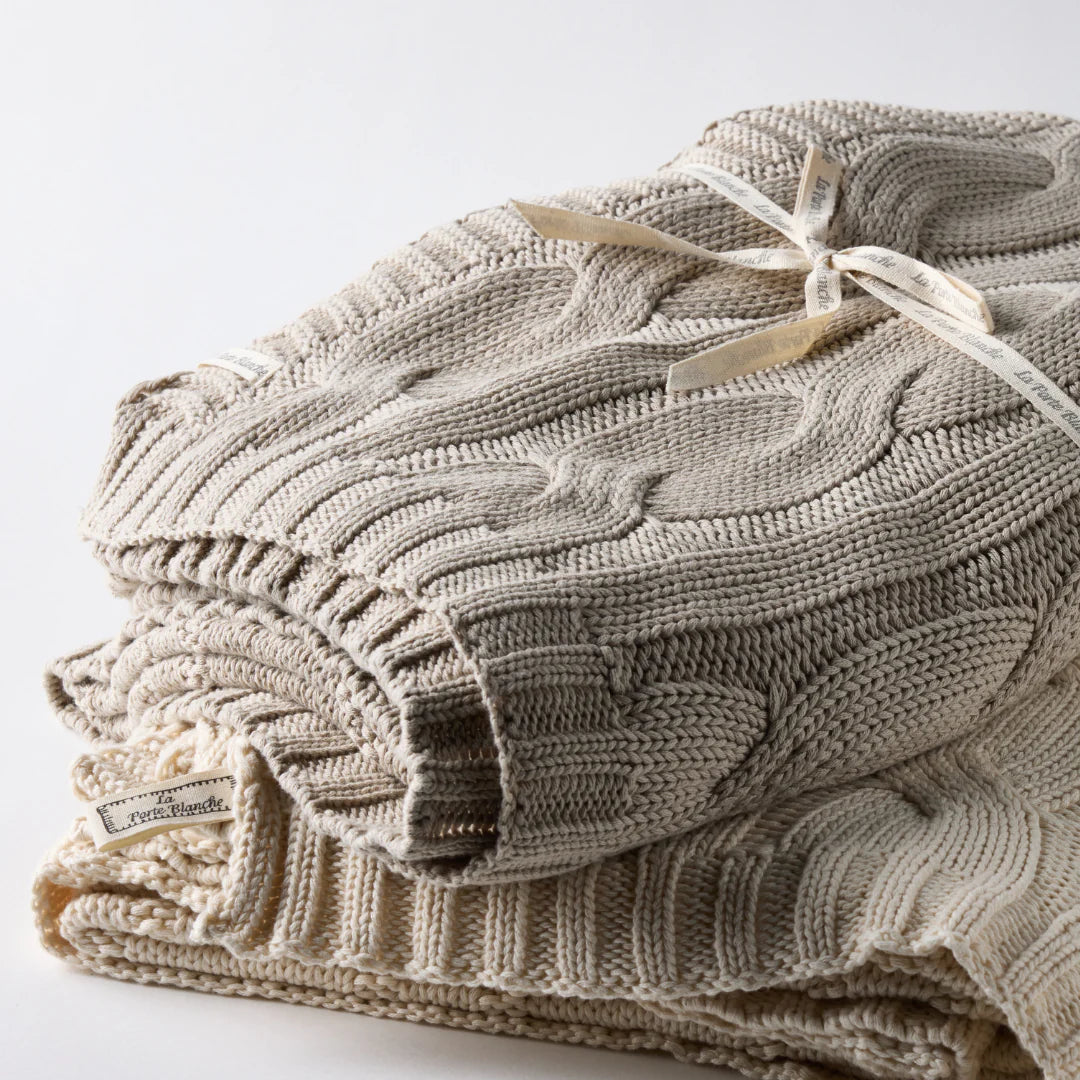 Cable Knit Cotton Throw in Pale Whisper