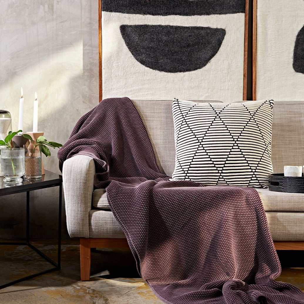 Stone Wash Moss Knit Cotton Throw in Aubergine