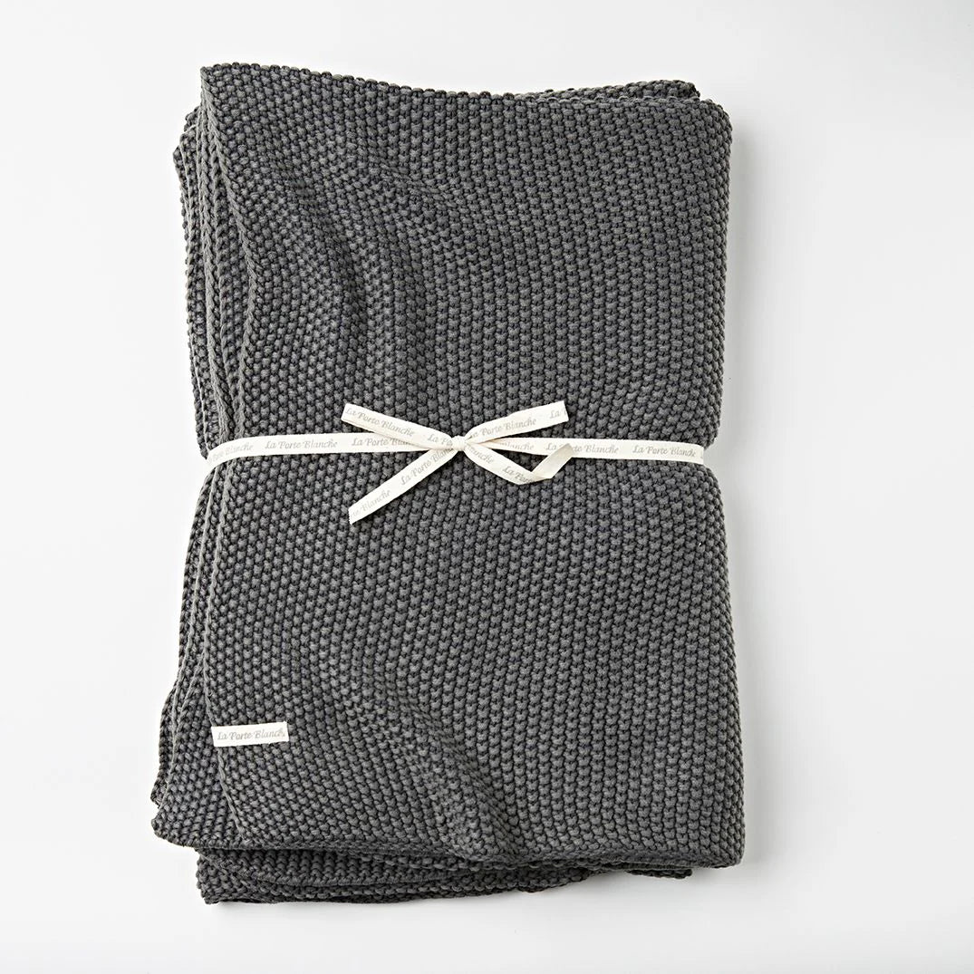 Stone Wash Moss Knit Cotton Throw in Fossil Grey