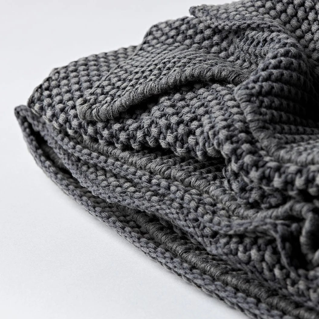 Stone Wash Moss Knit Cotton Throw in Fossil Grey