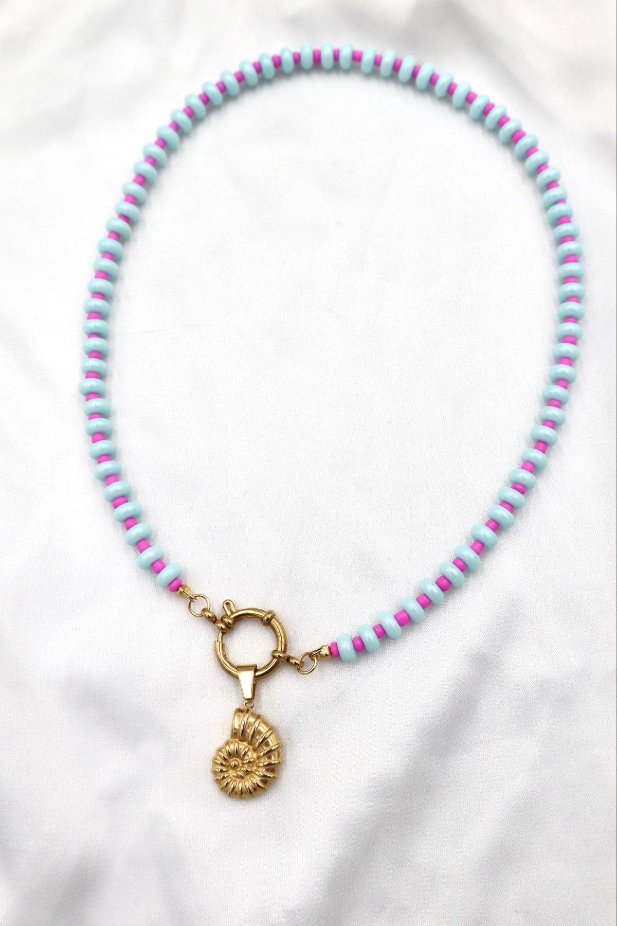 Lisboa Two Tone Charm Necklace in Blue / Hot Pink / Shell