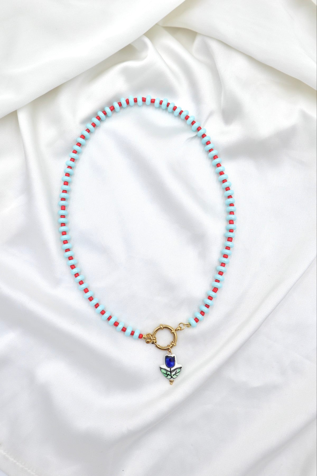 Lisboa Two Tone Charm Necklace in Blue / Red / Tulip