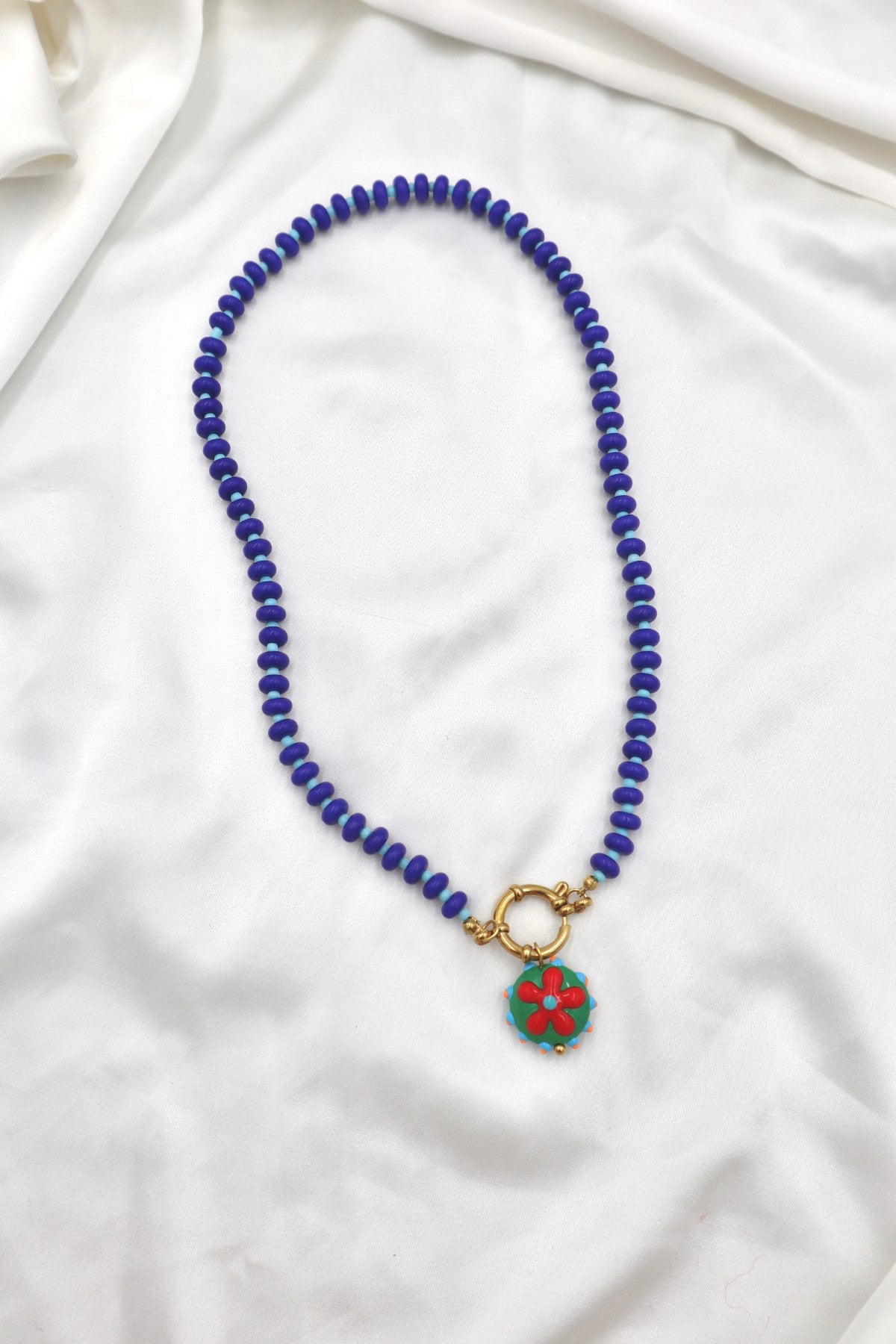 Lisboa Two Tone Charm Necklace in Cobalt / Blue / Groovy Flower