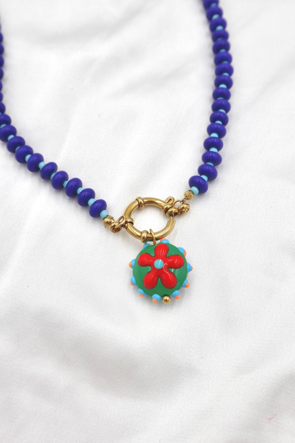Lisboa Two Tone Charm Necklace in Cobalt / Blue / Groovy Flower