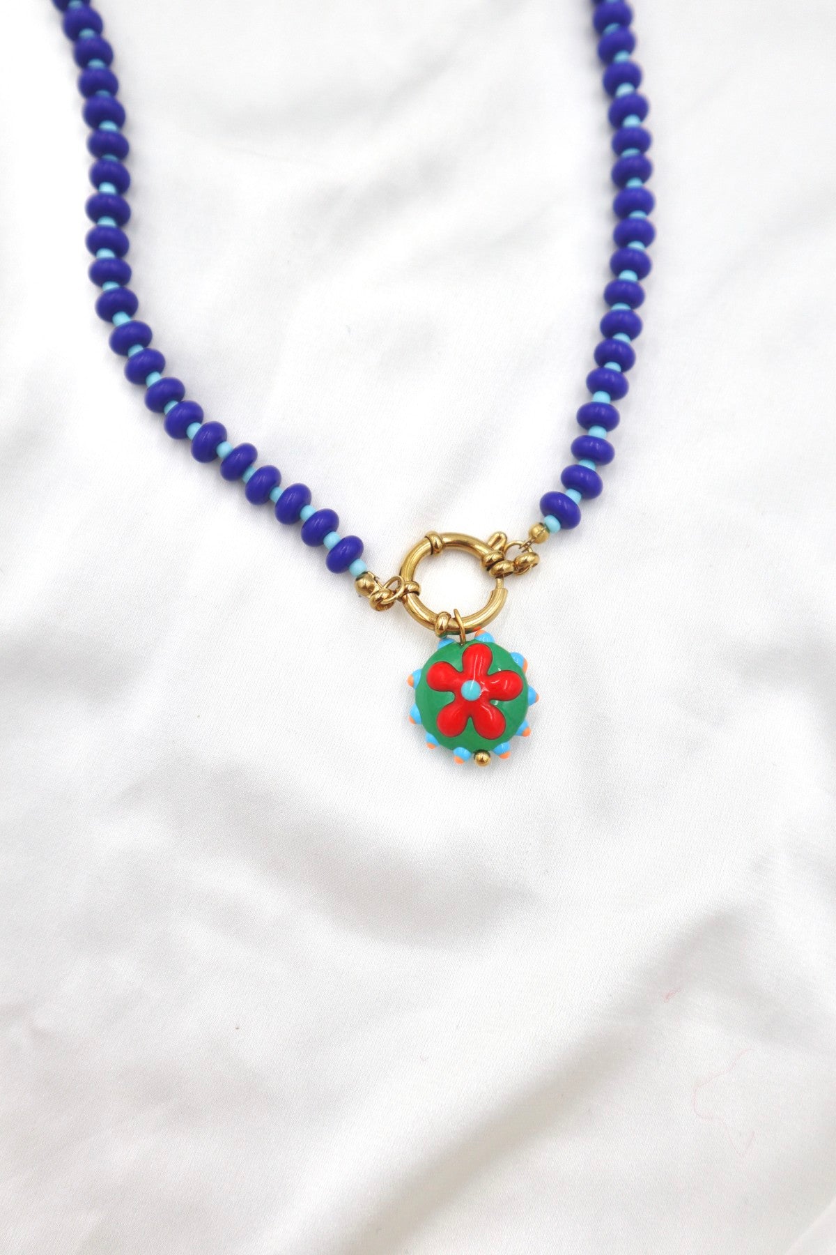 Lisboa Two Tone Charm Necklace in Cobalt / Blue / Groovy Flower