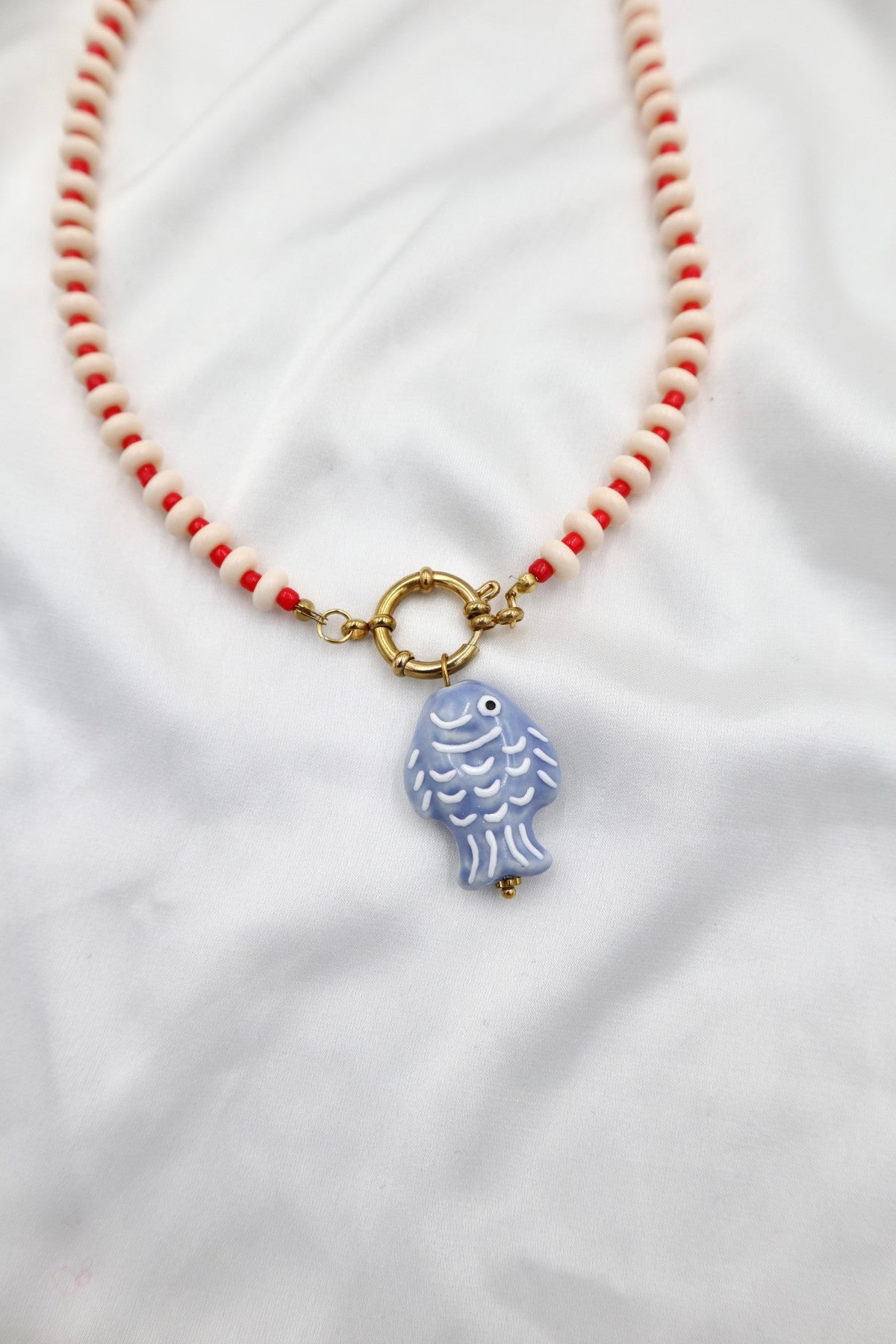 Lisboa Two Tone Charm Necklace in Cream / Red / Fish