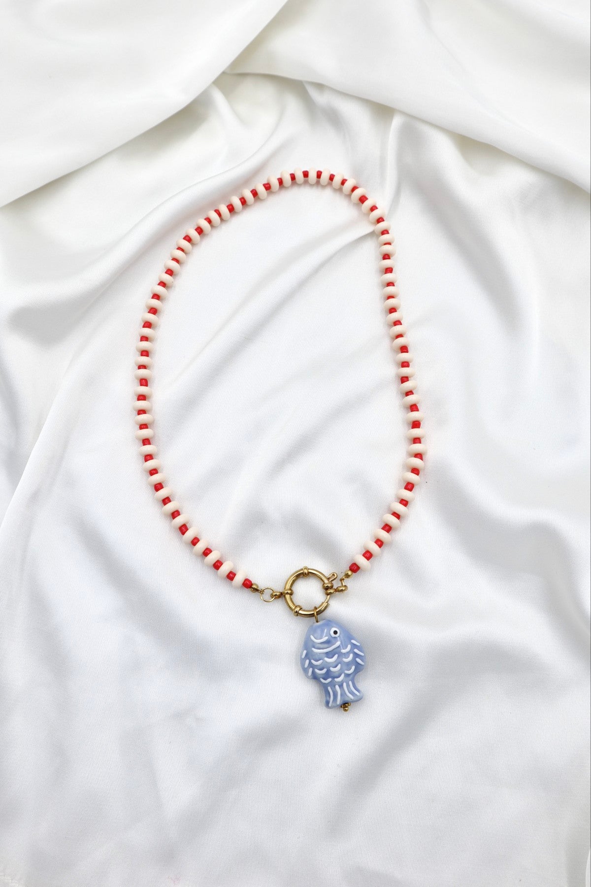 Lisboa Two Tone Charm Necklace in Cream / Red / Fish