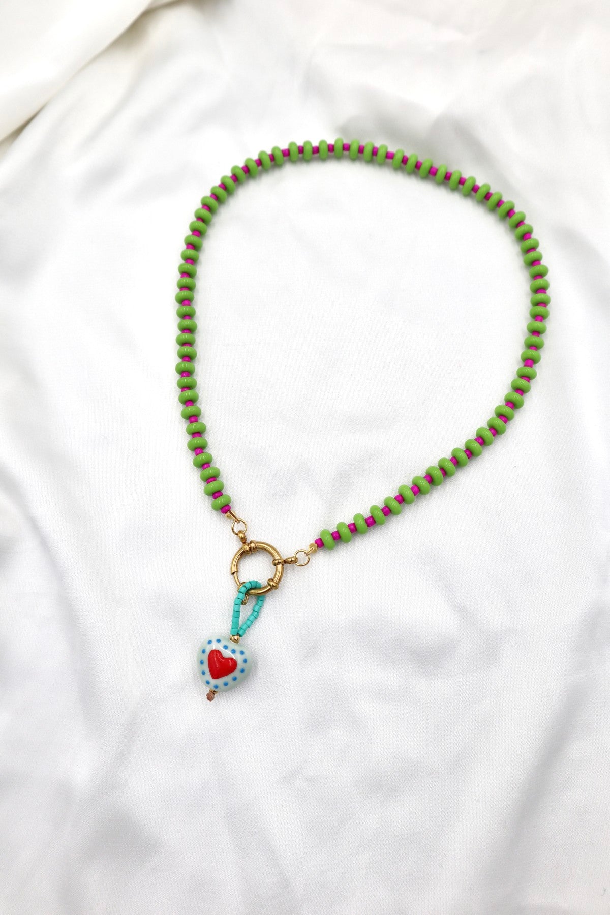 Lisboa Two Tone Charm Necklace in Green / Hot Pink / Bead Heart