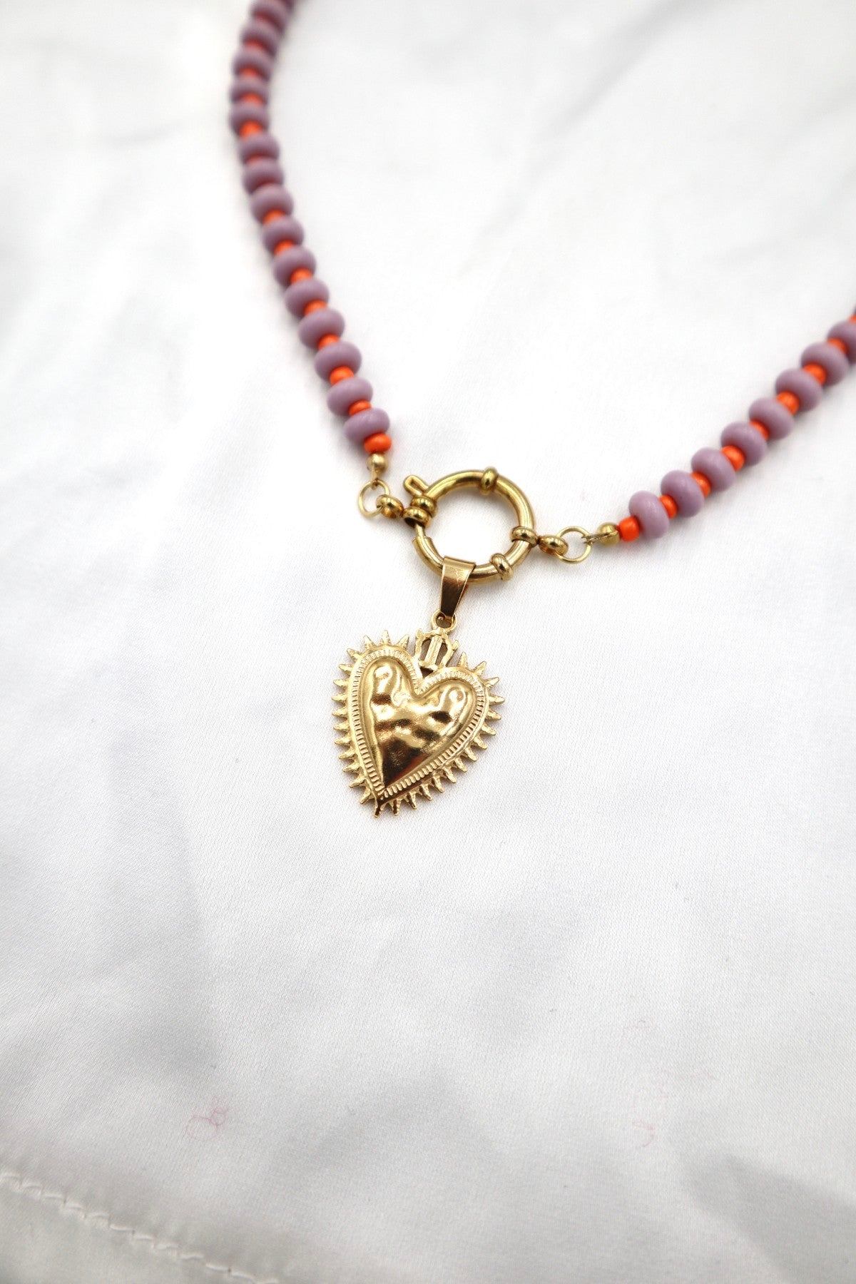 Lisboa Two Tone Charm Necklace in Lilac / Orange / Heart Flame