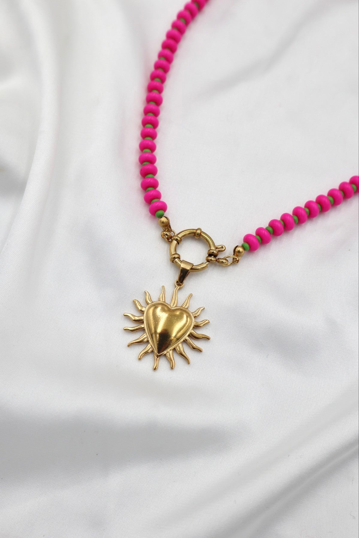 Lisboa Two Tone Charm Necklace in Hot Pink / Green / Sun Heart