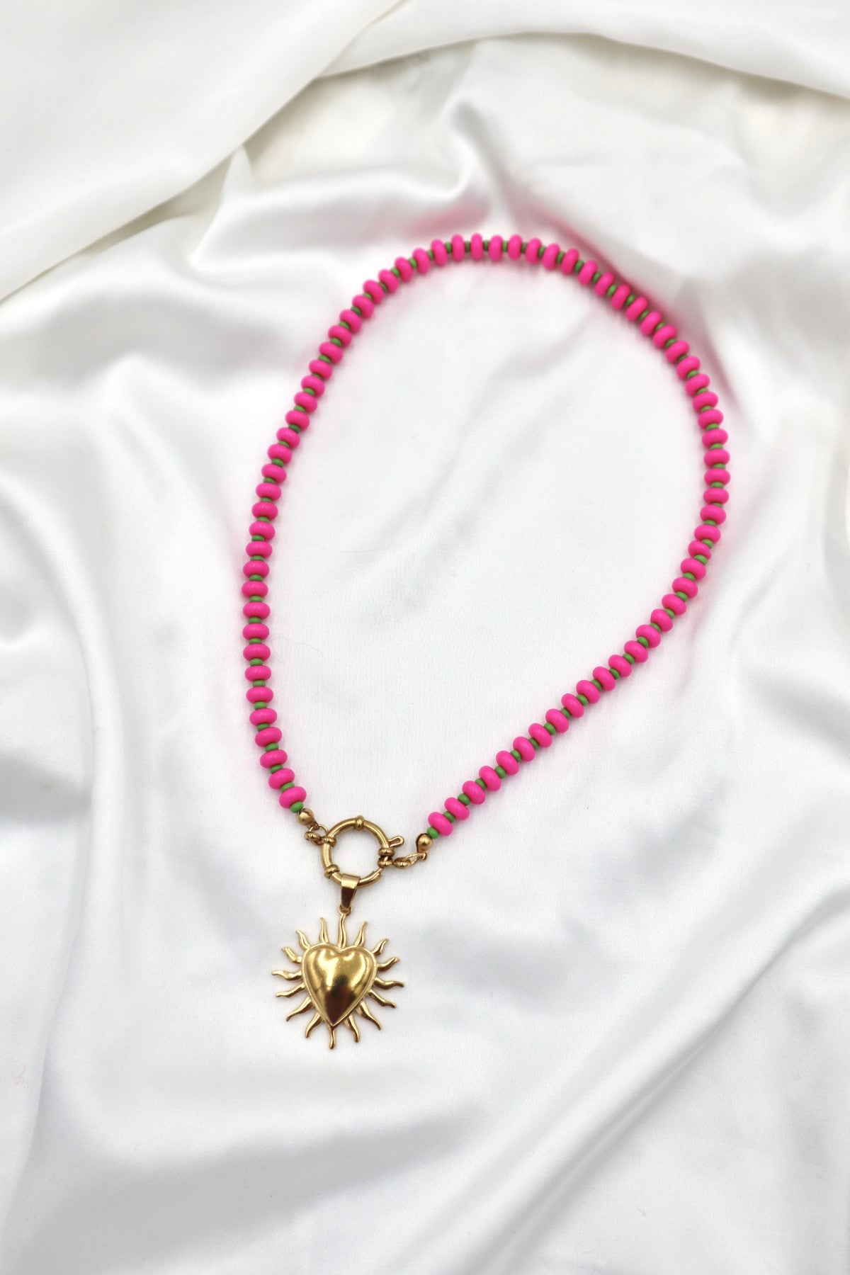 Lisboa Two Tone Charm Necklace in Hot Pink / Green / Sun Heart