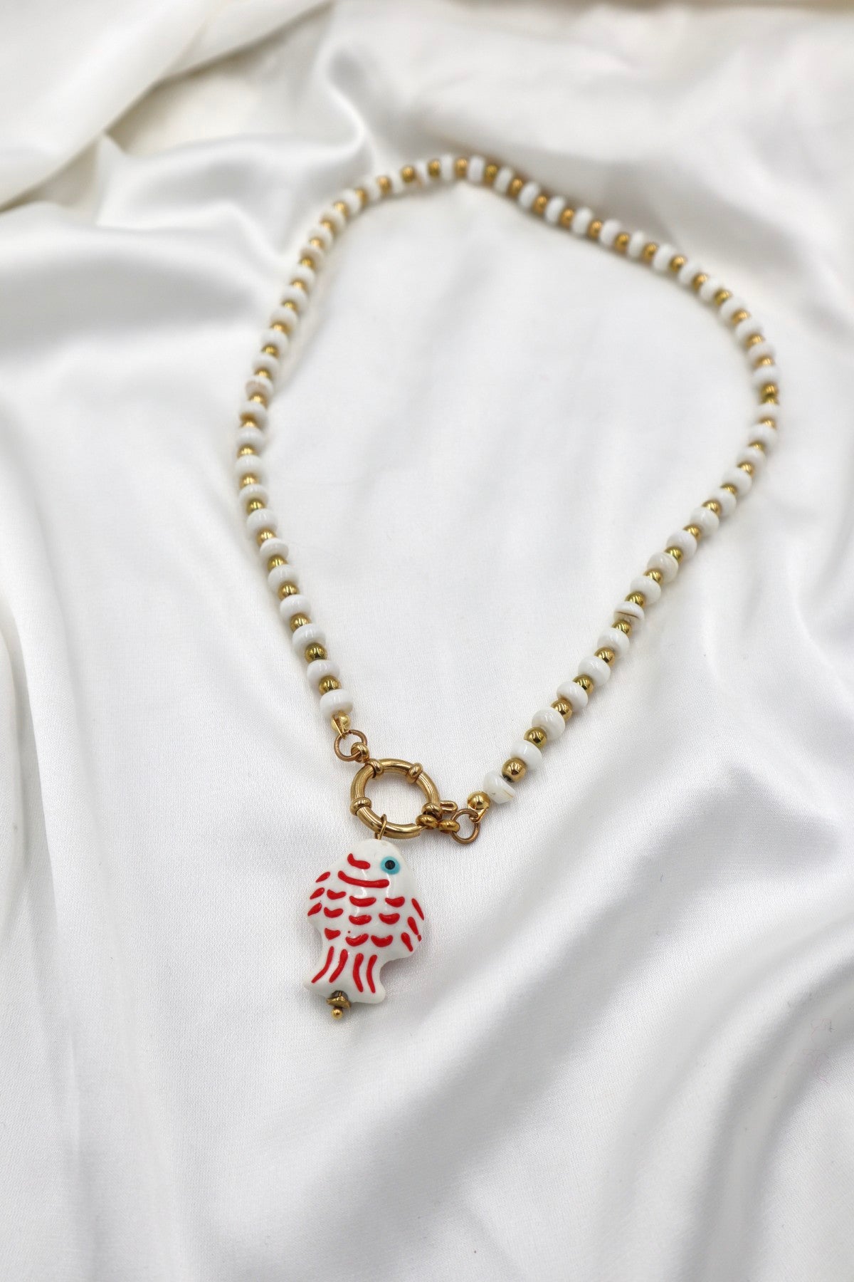 Lisboa Two Tone Charm Necklace in White / Gold / Fish
