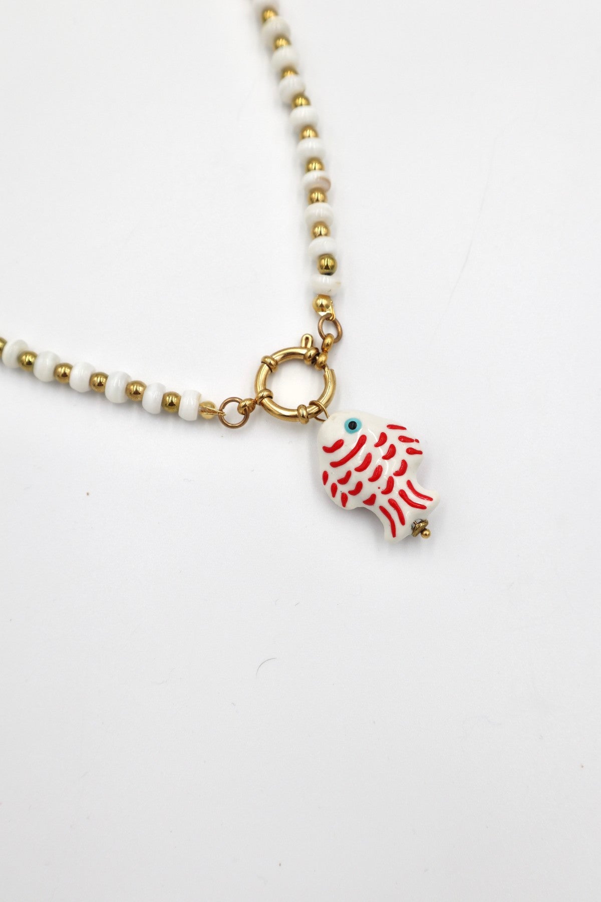 Lisboa Two Tone Charm Necklace in White / Gold / Fish