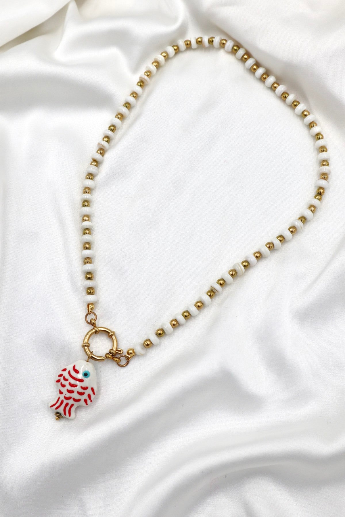 Lisboa Two Tone Charm Necklace in White / Gold / Fish