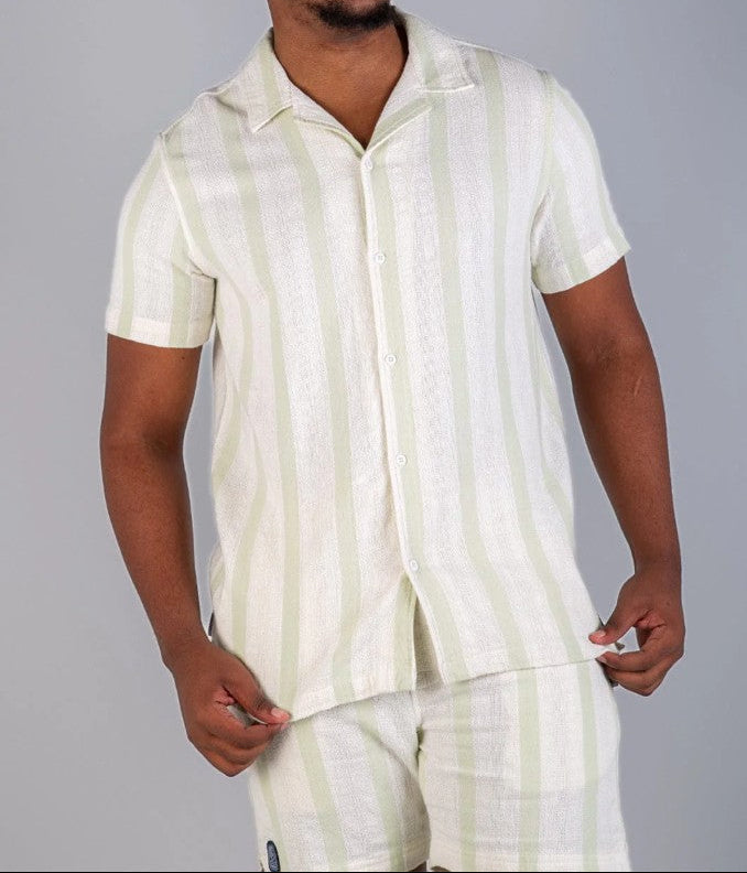 Zak Cotton Woven Shirt in Green Stripe
