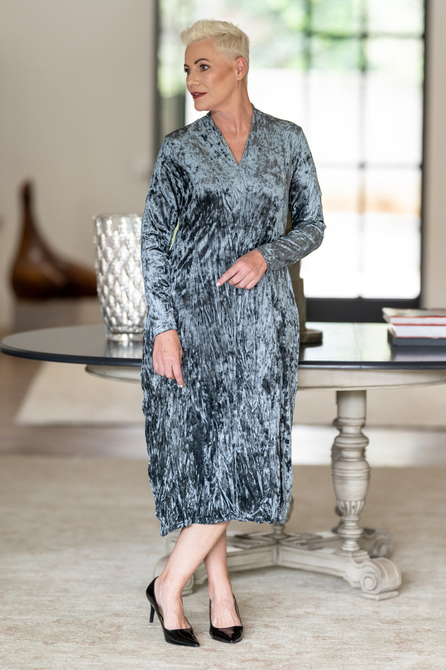 Crushed Velvet Dress in Gunmetal