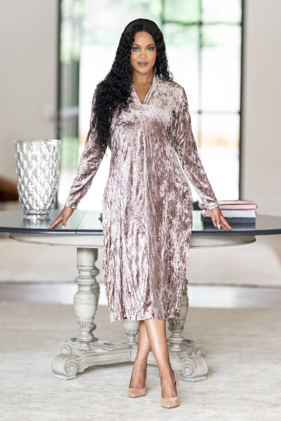 Crushed Velvet Dress in Rose Gold