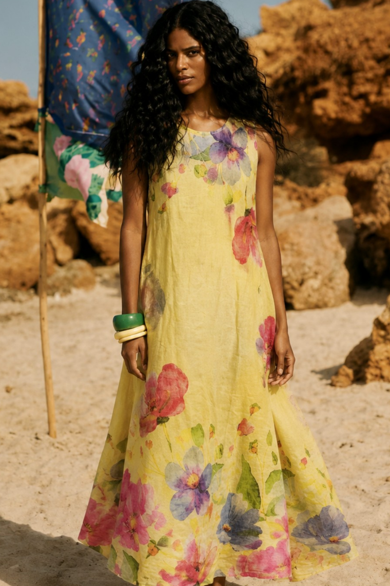 Linen Maxi Watercolour Dress in Lemon