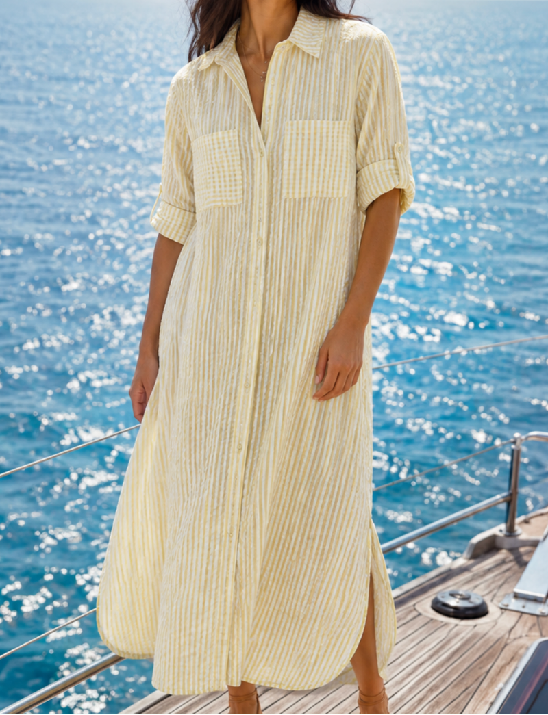 Seersucker Stripe Maxi Shirt Dress in Yellow