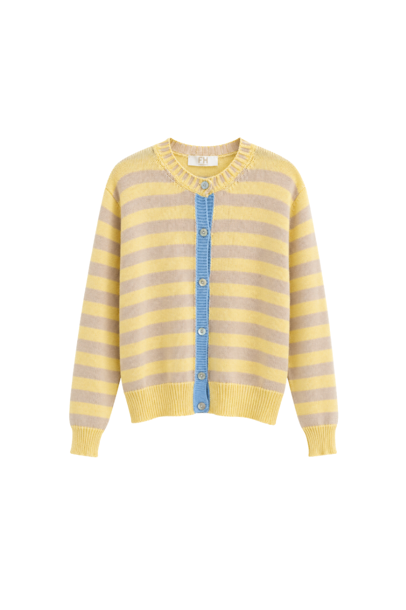 Stripe Cardi with Contrast Placket in Yellow / Lilac / Blue