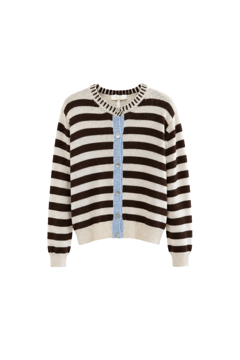 Stripe Cardi with Contrast Placket in Brown / Ecru / Blue