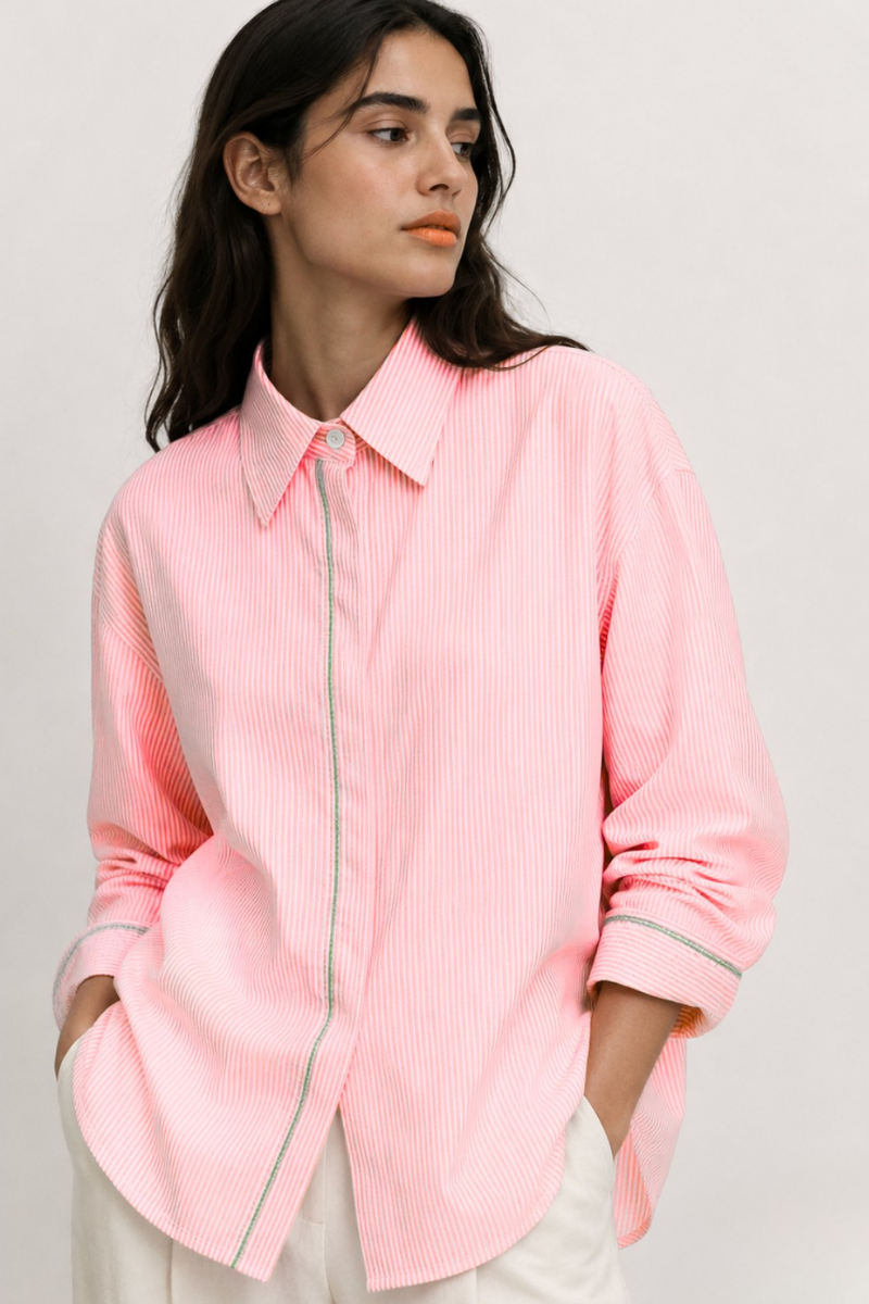 Stripe Cotton Shirt with Embroidery in Pink