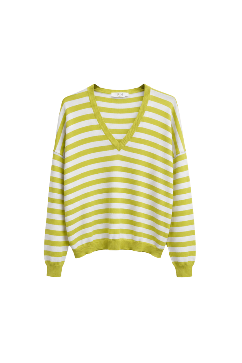 Striped V Neck Sweater in Chartreuse / Ecru