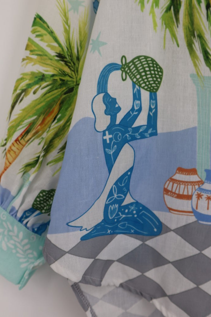 Palm Tree Checkerboard Blouse in Blue