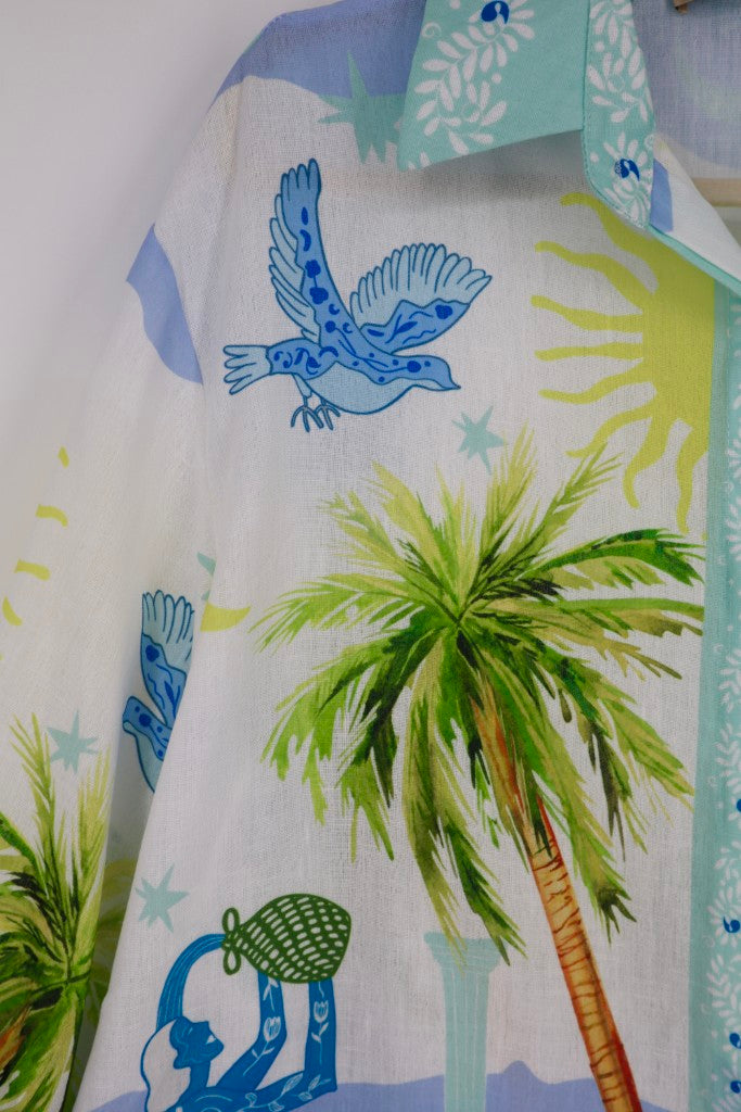 Palm Tree Checkerboard Blouse in Blue