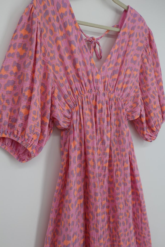 V-Neck Back Tie Dress in Leopard Print