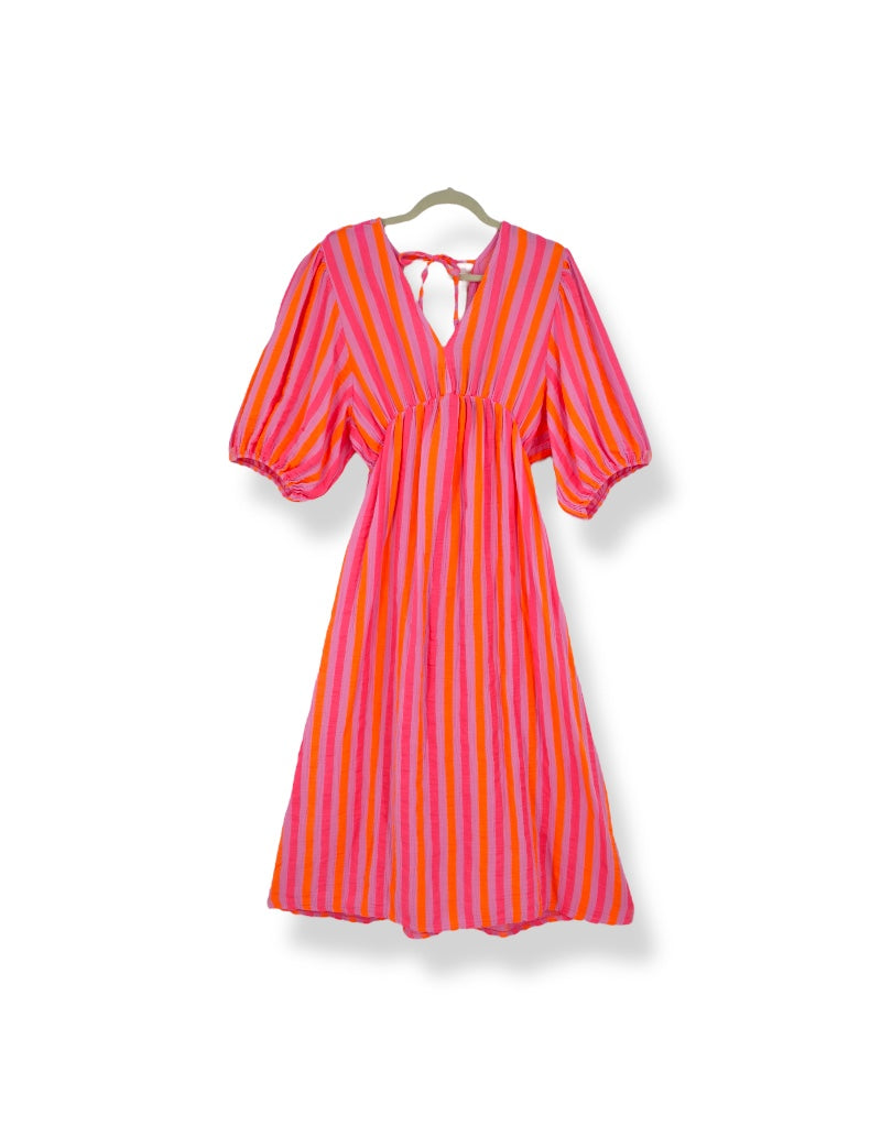 V-Neck Back Tie Dress in Pink Narrow Stripe