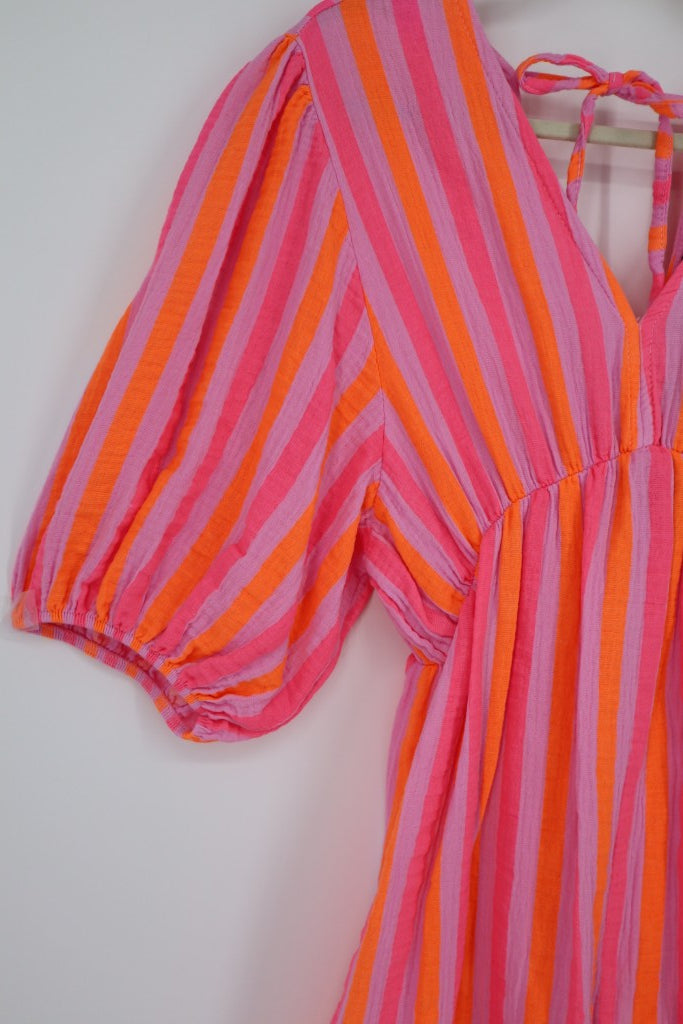 V-Neck Back Tie Dress in Pink Narrow Stripe
