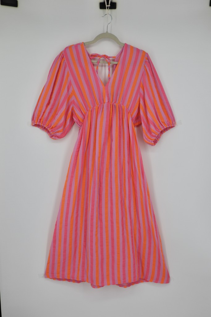 V-Neck Back Tie Dress in Pink Narrow Stripe