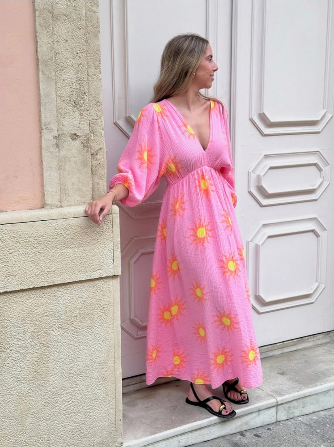 V-Neck Back Tie Dress in Pink Sun Orb