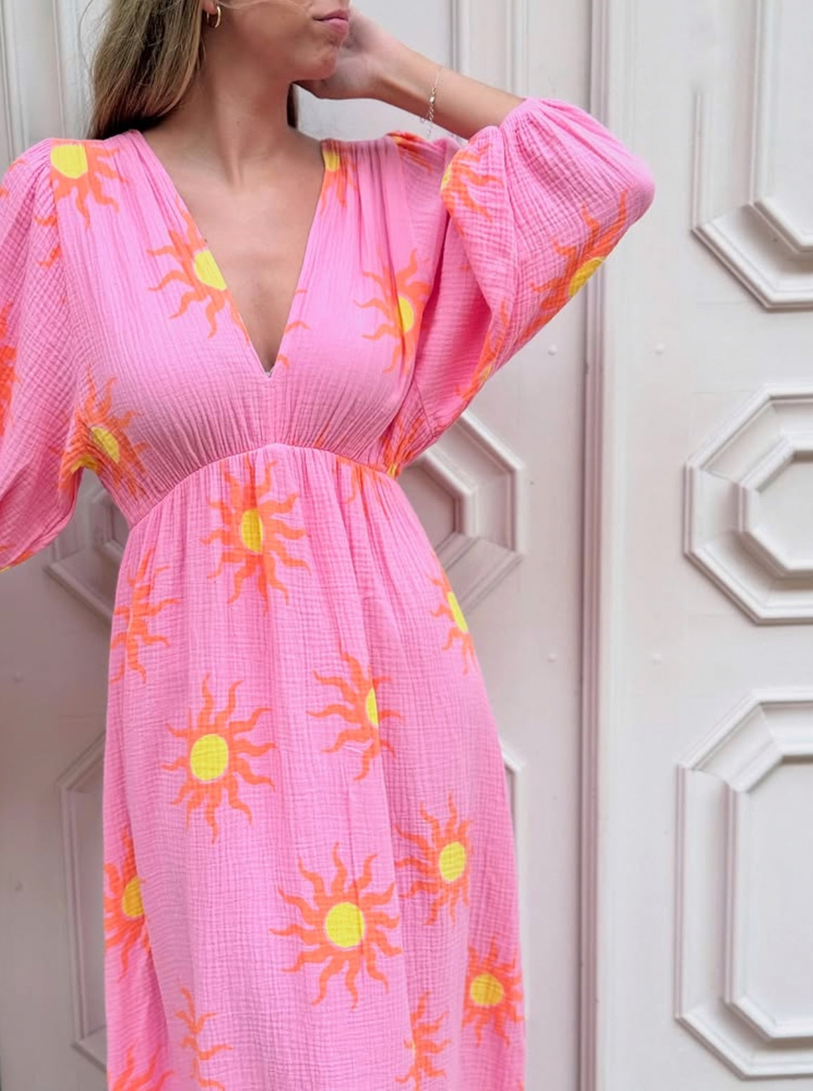 V-Neck Back Tie Dress in Pink Sun Orb