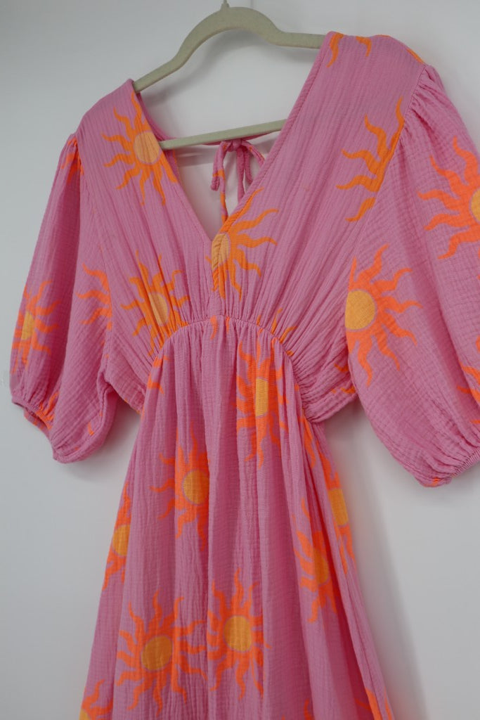 V-Neck Back Tie Dress in Pink Sun Orb