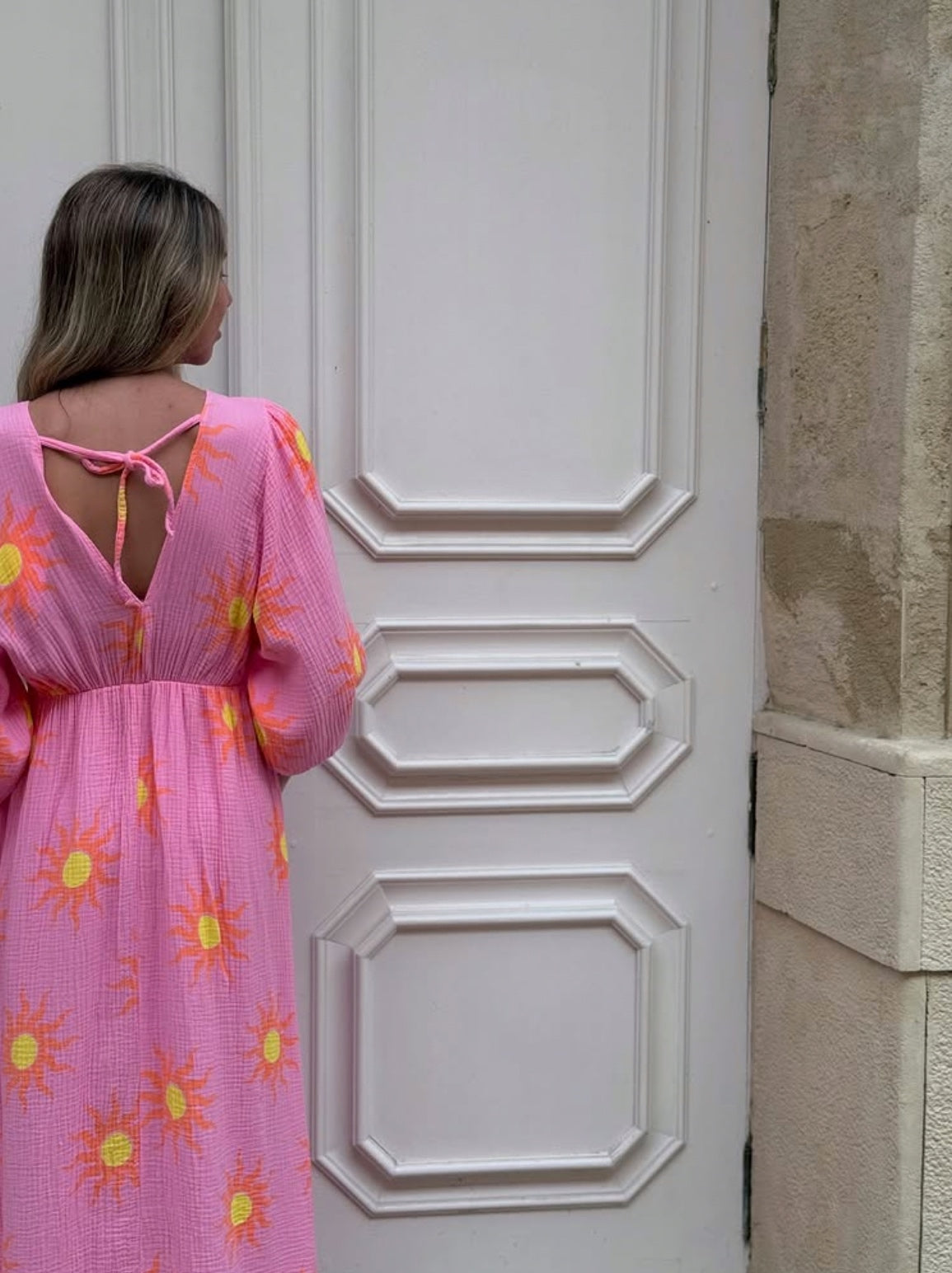 V-Neck Back Tie Dress in Pink Sun Orb