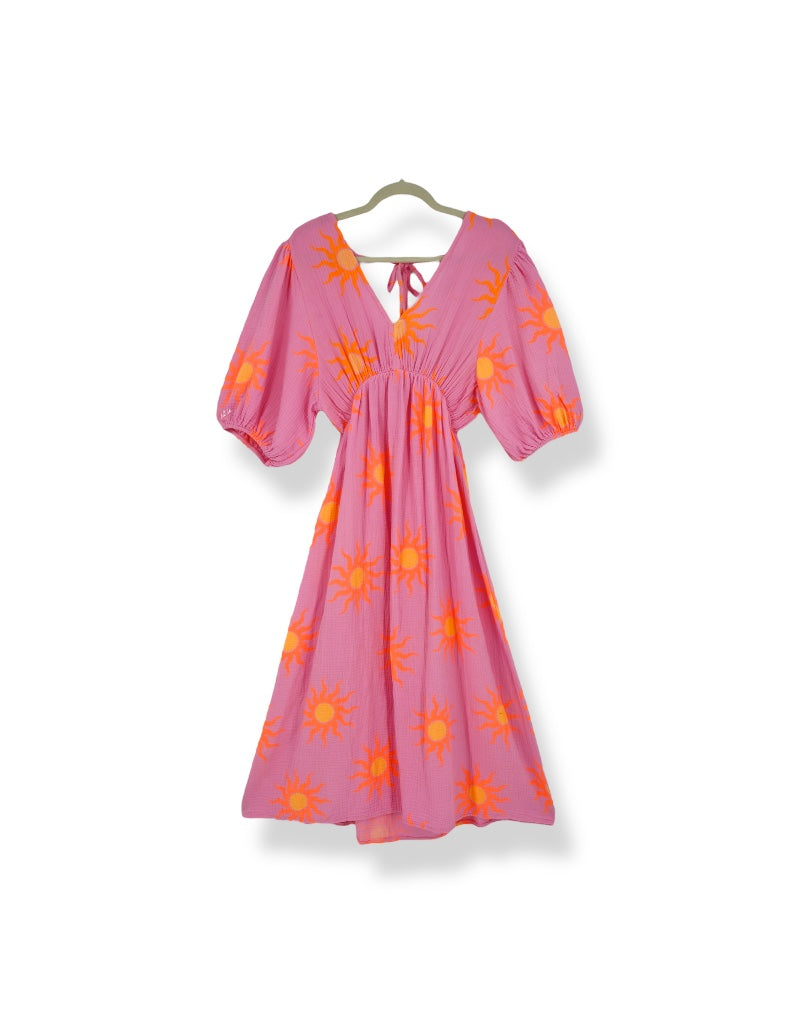 V-Neck Back Tie Dress in Pink Sun Orb