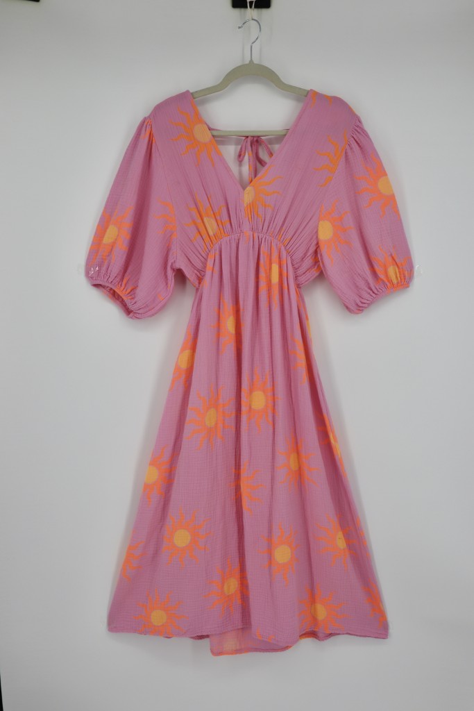 V-Neck Back Tie Dress in Pink Sun Orb