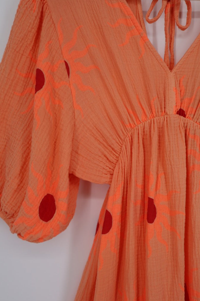 V-Neck Back Tie Dress in Orange Sun Orb