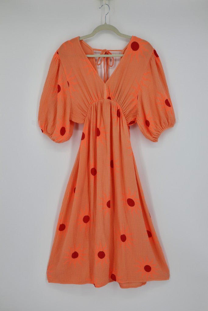 V-Neck Back Tie Dress in Orange Sun Orb
