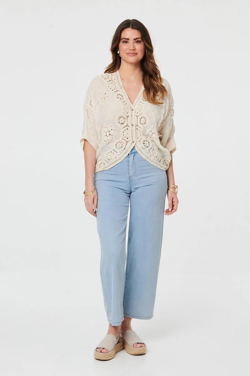 3/4 Sleeve Crochet Cardigan in Cream