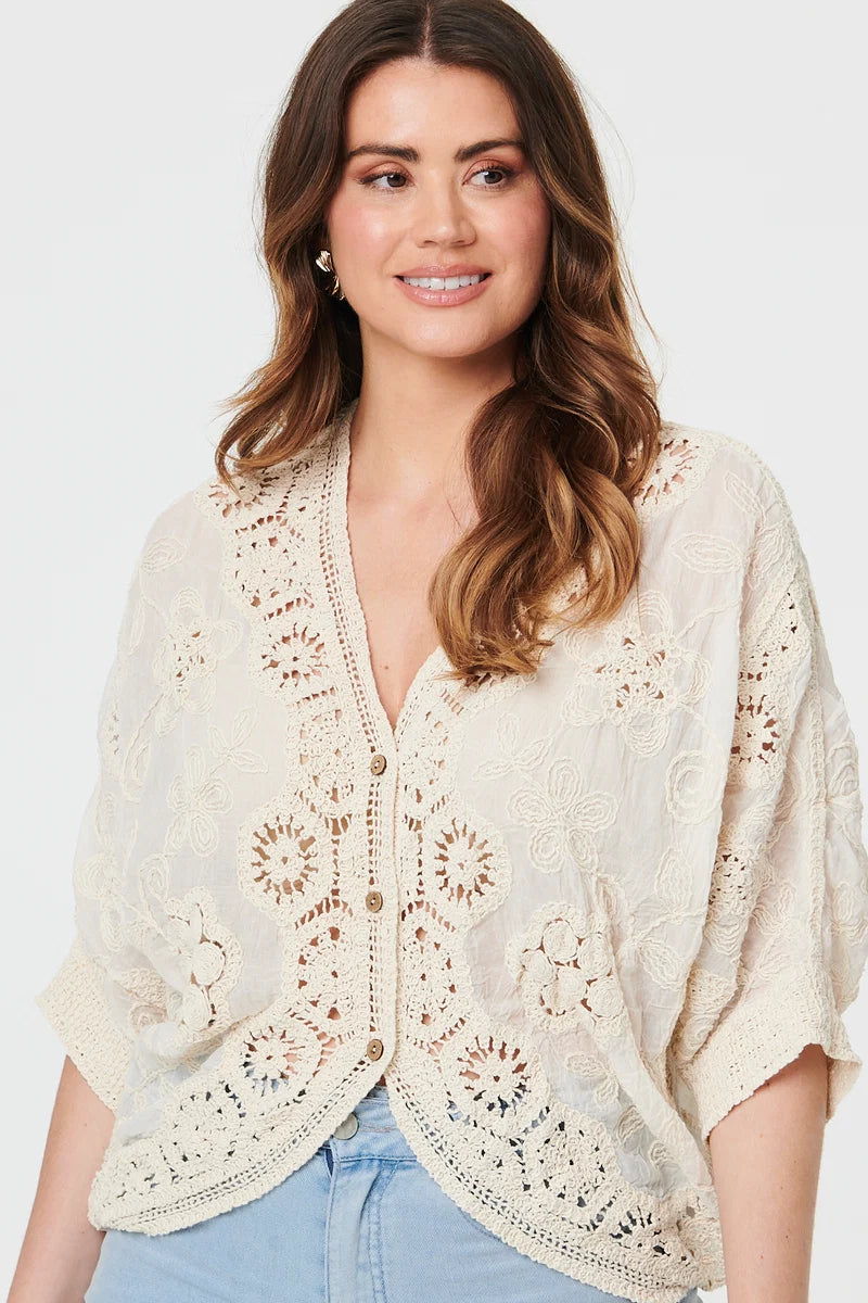 3/4 Sleeve Crochet Cardigan in Cream