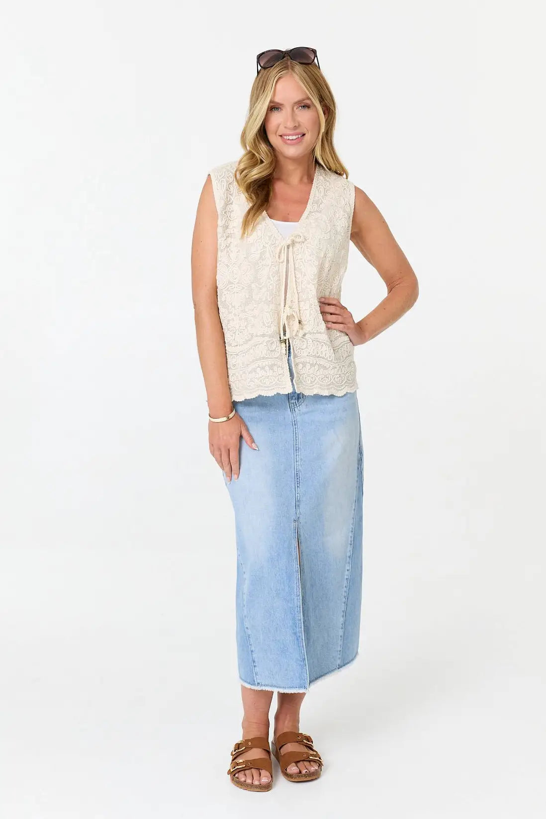 Crochet Style Lace Waistcoat in Ivory